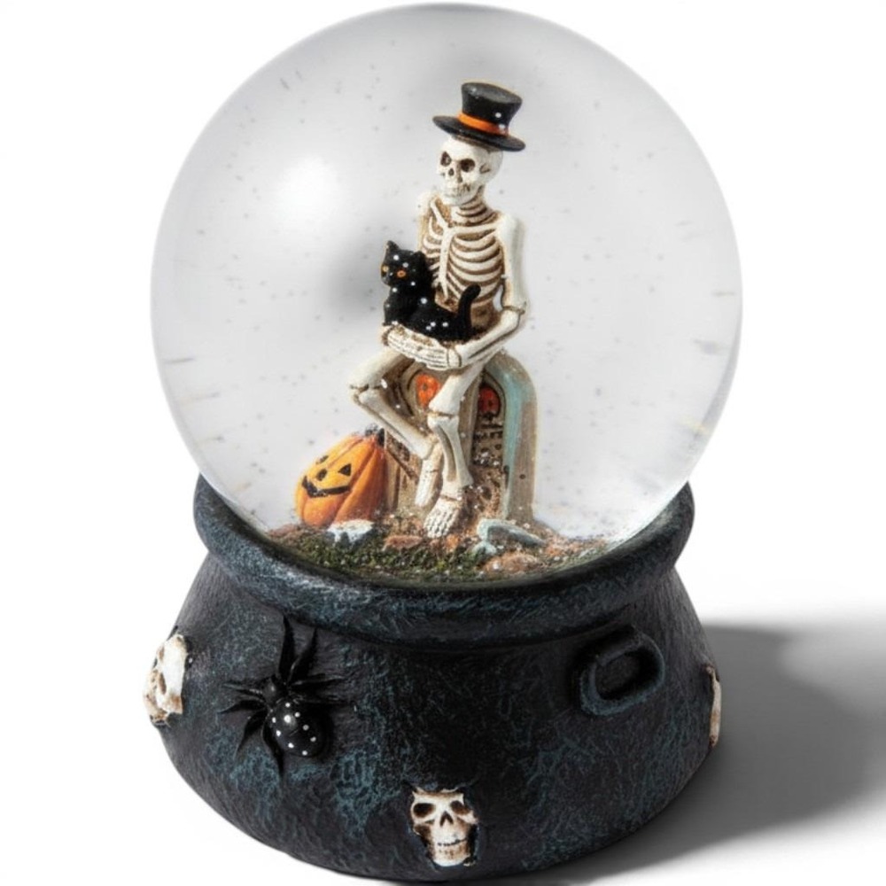 Halloween Skeleton Snow Globe Black Cat Cauldron Base Spooky Gothic Decor